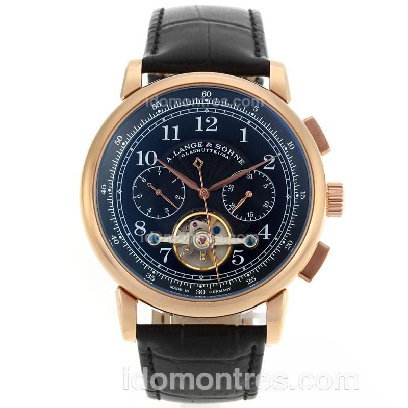 A.Lange & Sohne Tourbillon Automatic Rose Gold Case with Black Dial-Leather Strap