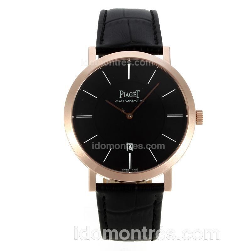 Piaget Altiplano Automatic Stick Markers Rose Gold Case with Black Dial-Leather Strap