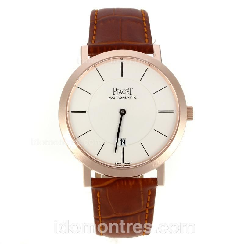 Piaget Altiplano Automatic Stick Markers Rose Gold Case with White Dial-Leather Strap