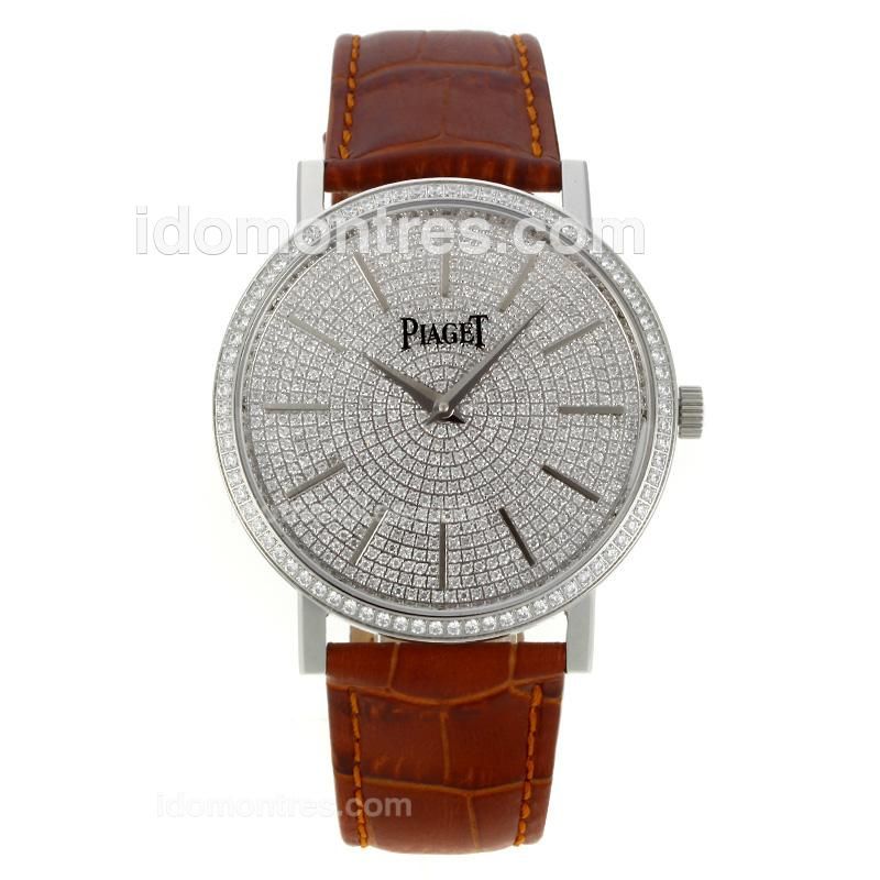 Piaget Altiplano Automatic Stick Markers with Diamond Dial and Bezel-Brown Leather Strap