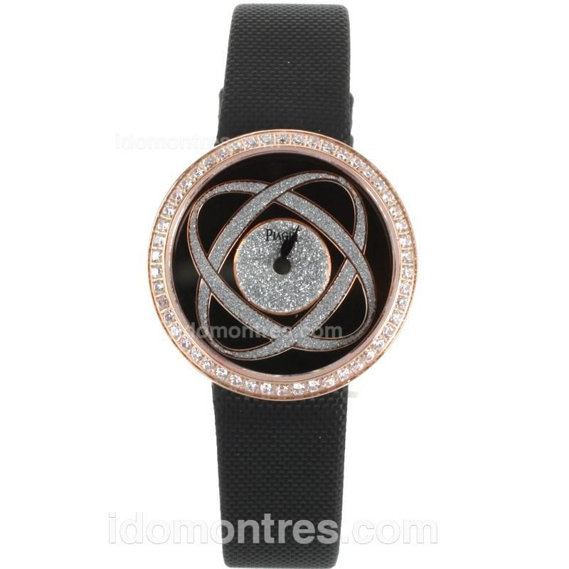 Piaget Altiplano Rose Gold Case Diamond Bezel with Black Dial-Leather Strap