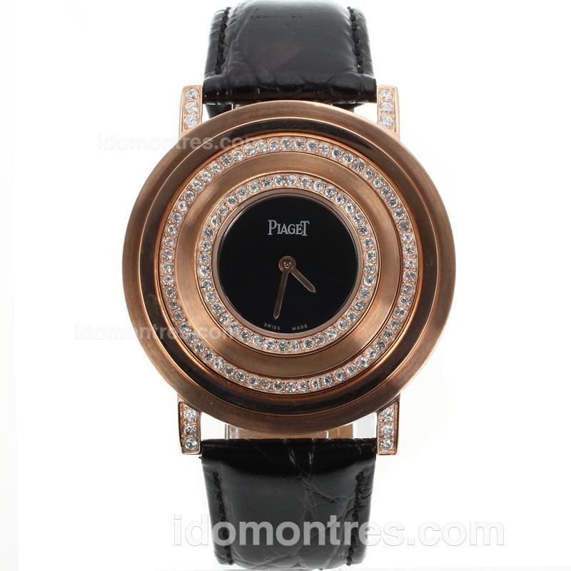 Piaget Altiplano Rose Gold Case Diamond Bezel with Black Dial-Leather Strap