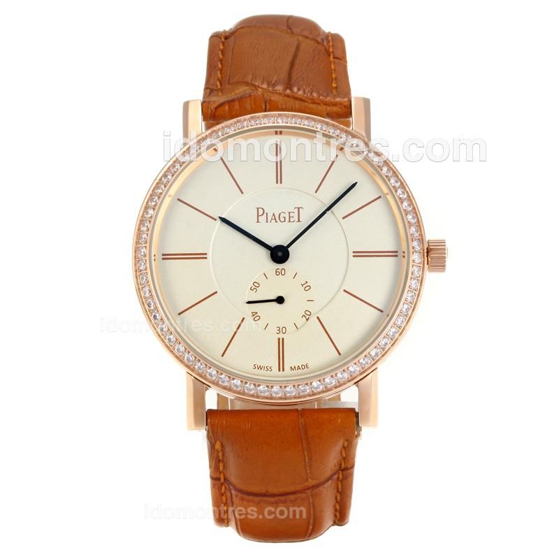 Piaget Altiplano Rose Gold Case Diamond Bezel with White Dial-Camel Leather Strap