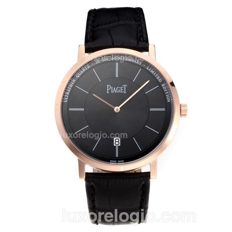 Piaget Altiplano Rose Gold Case with Black Dial-Leather Strap