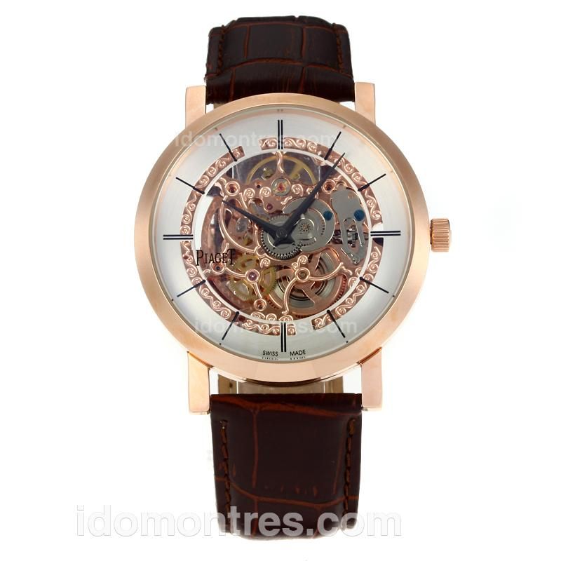 Piaget Altiplano Skeleton Automatic Rose Gold Case with White Dial-Leather Strap