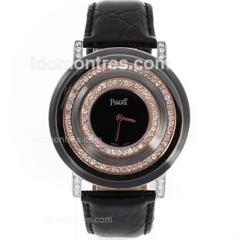Piaget Altiplano Two Tone Diamond Bezel with Black Dial-Leather Strap