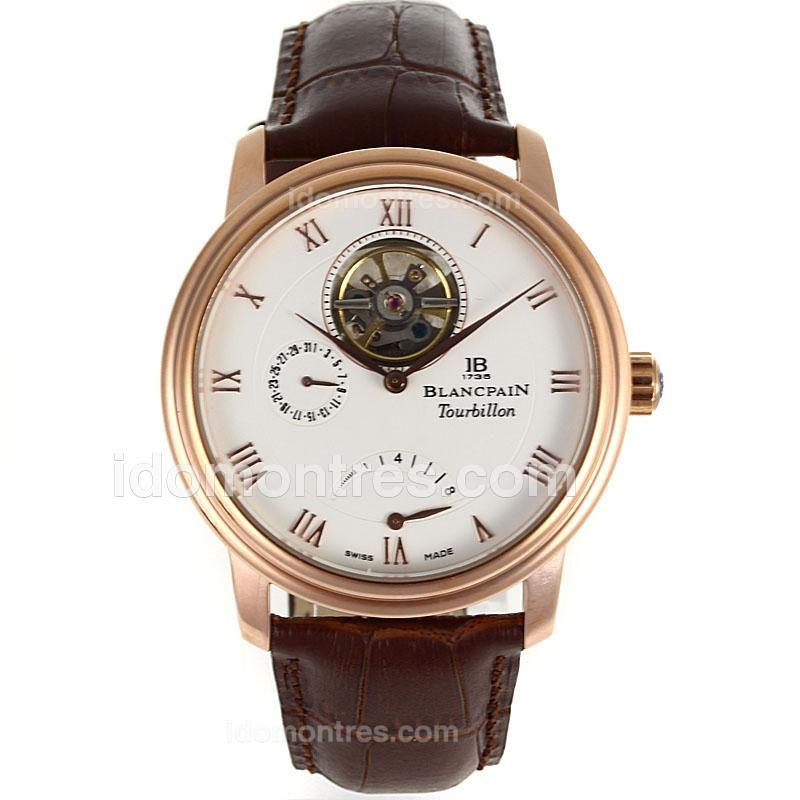 Blancpain Tourbillon Working Power Reserve Automatic Rose Gold Case Roman Markers with White Dial-Leather Strap