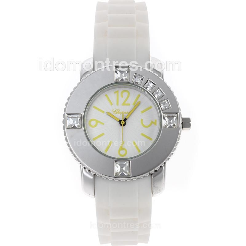 Chopard Classic CZ Diamonds and Yellow Markers with White Dial-Rubber Strap