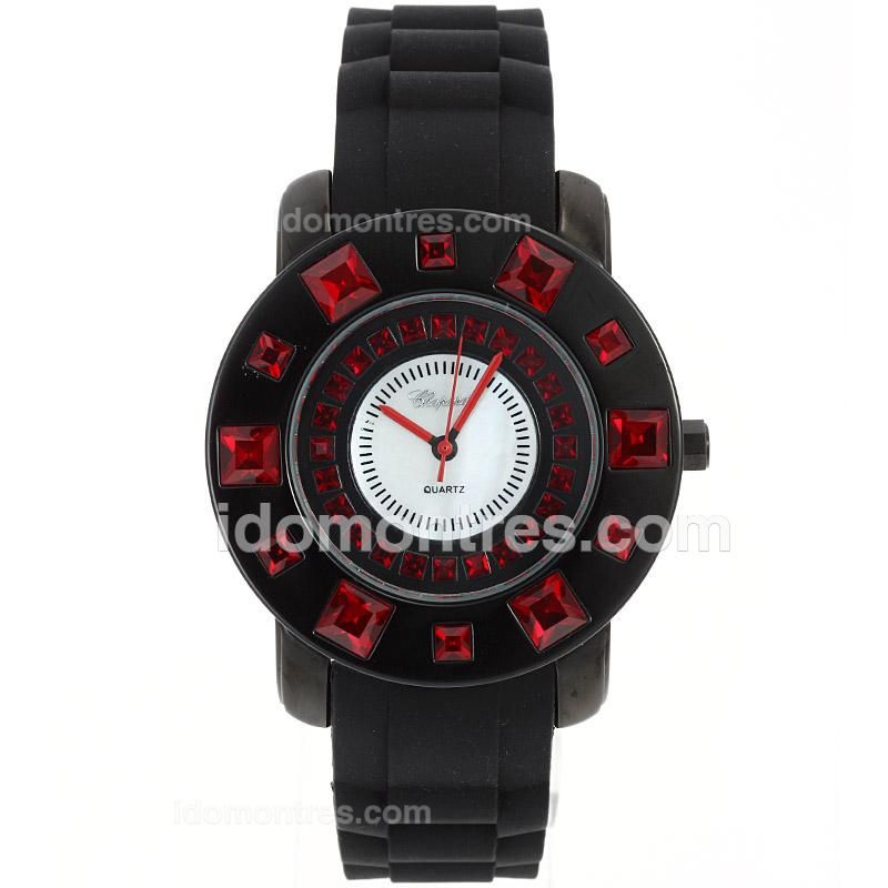Chopard Classic PVD Case Red CZ Diamonds with White Dial-Rubber Strap