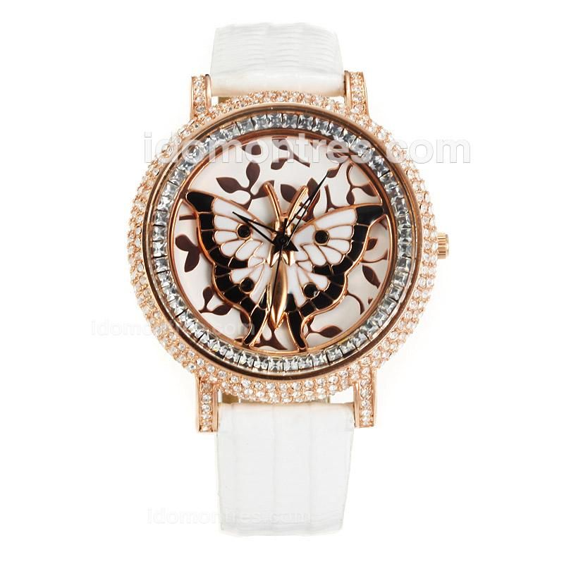 Chopard Classic Rose Gold Case Diamond Bezel with Black/White Butterfly Pattern Dial-White Leather Strap