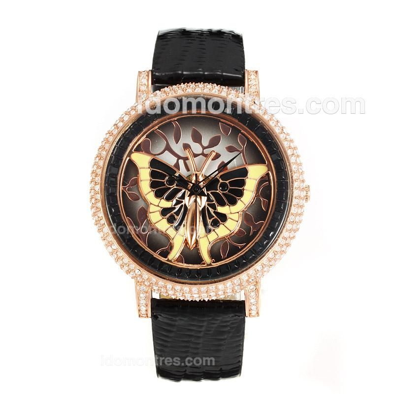 Chopard Classic Rose Gold Case Diamond Bezel with Black/Yellow Butterfly Pattern Dial-Black Leather Strap