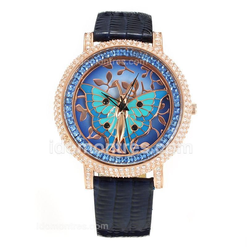 Chopard Classic Rose Gold Case Diamond Bezel with Blue Butterfly Pattern Dial-Dark Blue Leather Strap