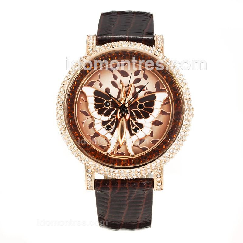 Chopard Classic Rose Gold Case Diamond Bezel with Coffee Butterfly Pattern Dial-Coffee Leather Strap