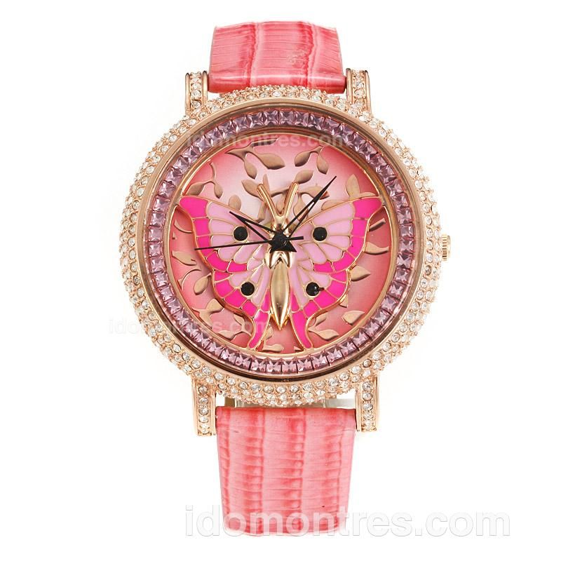 Chopard Classic Rose Gold Case Diamond Bezel with Pink Butterfly Pattern Dial-Pink Leather Strap