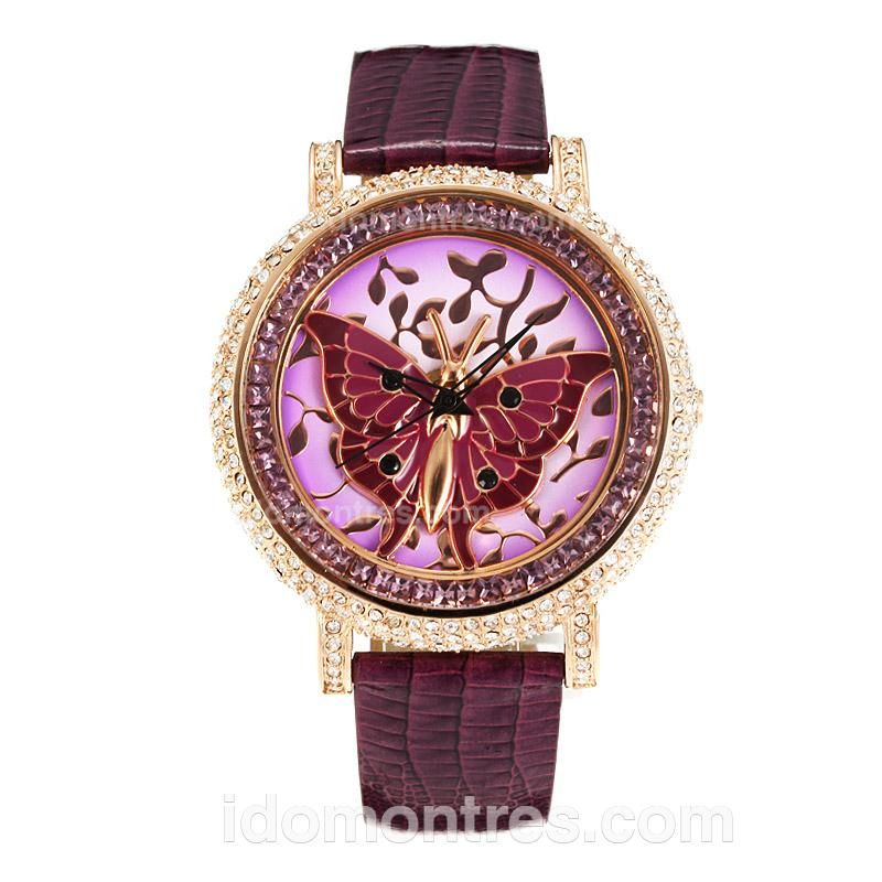 Chopard Classic Rose Gold Case Diamond Bezel with Purple Butterfly Pattern Dial-Purple Leather Strap