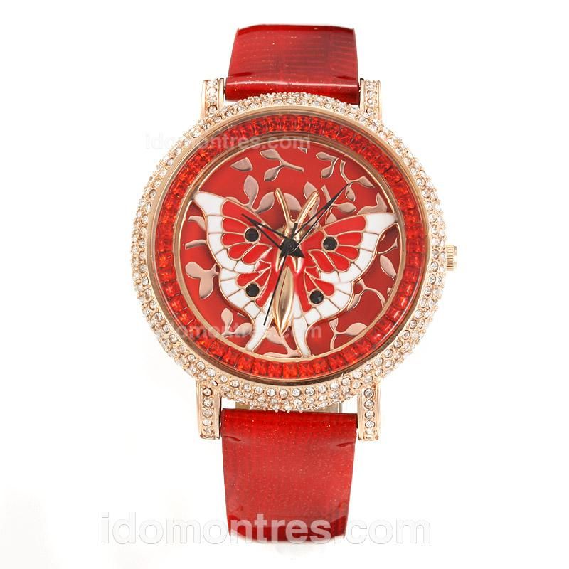 Chopard Classic Rose Gold Case Diamond Bezel with Red Butterfly Pattern Dial-Red Leather Strap