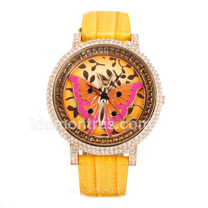 Chopard Classic Rose Gold Case Diamond Bezel with Yellow/Fuschia Butterfly Pattern Dial-Yellow Leather Strap