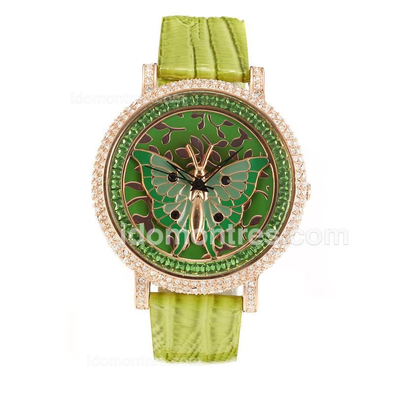 Chopard Classic Rose Gold Case Diamond Bezel with Green Butterfly Pattern Dial-Light Green Leather Strap