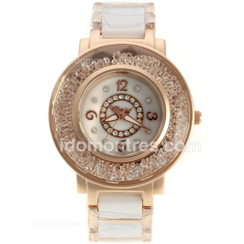 Chopard Classic Rose Gold Case Diamond/Number Markers with White Dial-Ceramic Strap