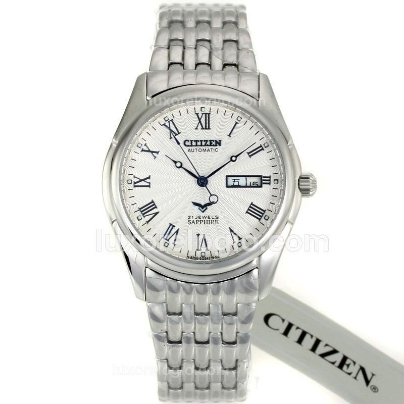 Citizen Automatic Blue Roman Markers with White Dial S/S-18K Plated Gold Movement