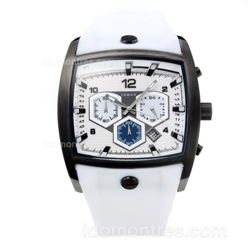Diesel 10 Bar Working Chronograph PVD Case with White Dial-White Rubber Strap