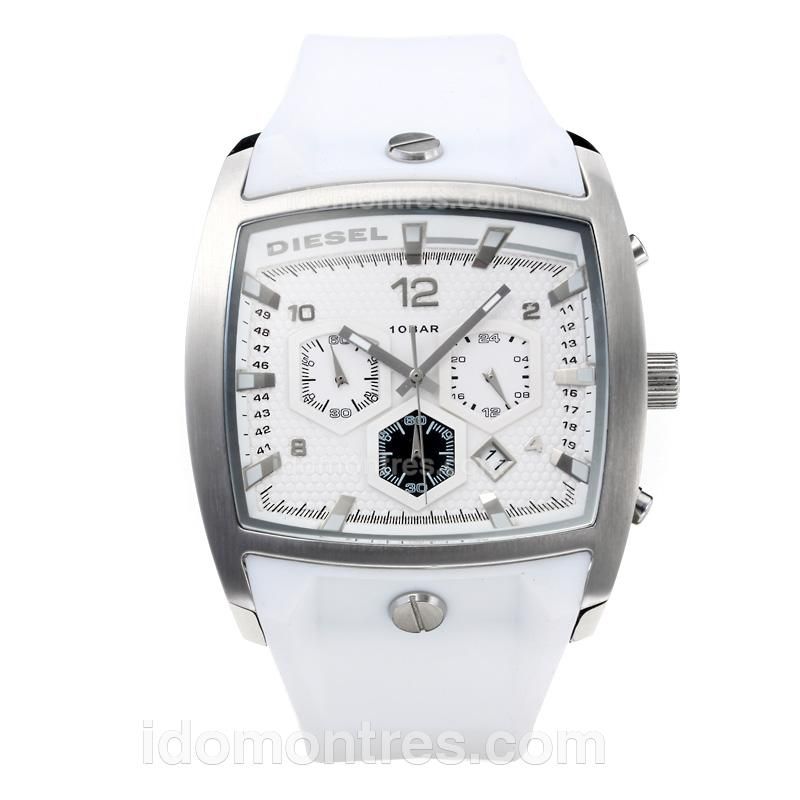 Diesel 10 Bar Working Chronograph with White Dial-White Rubber Strap