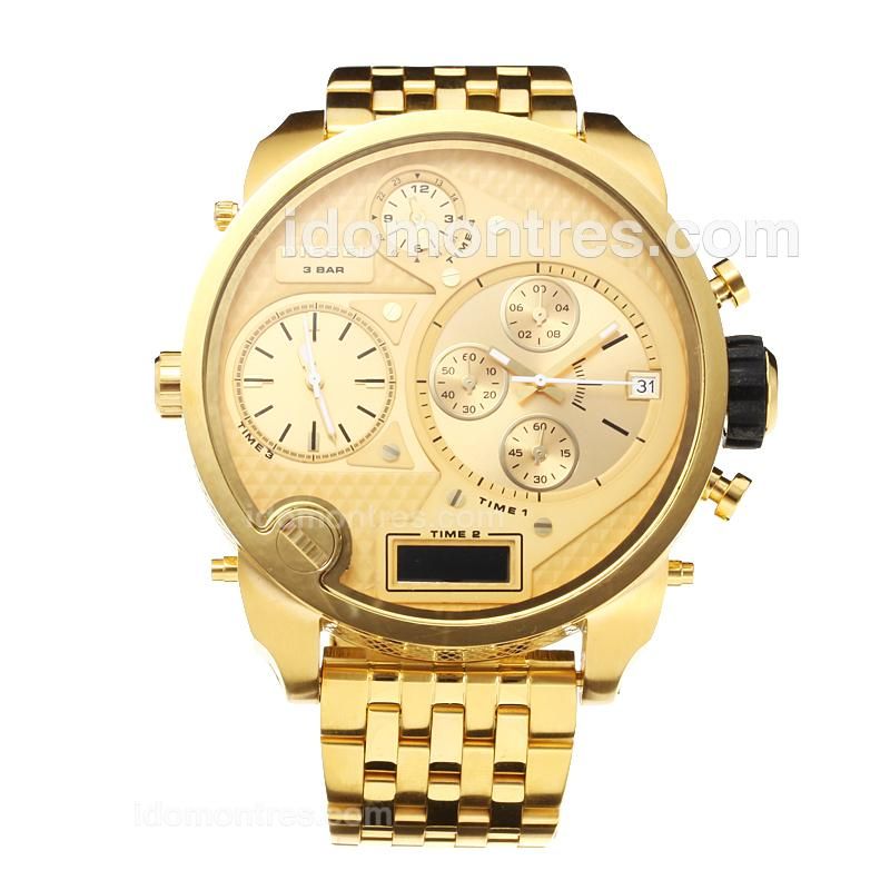 Diesel 3 Bar Four Time Zone Working Chronograph Full Yellow Gold with Champagne Dial