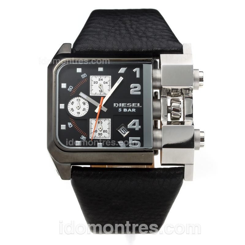 Diesel 5 Bar Working Chronograph with Black Dial-Black Leather Strap-Orange Needle