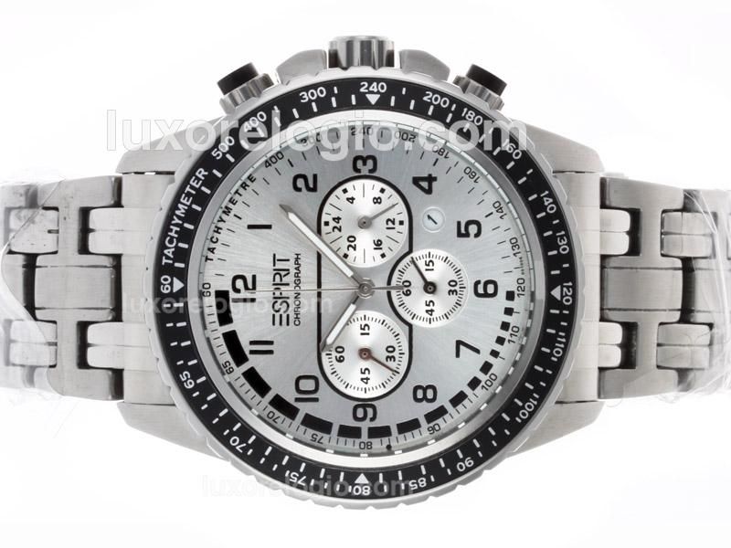 E-Sprit Working Chronograph Number Markers with Silver Dial S/S