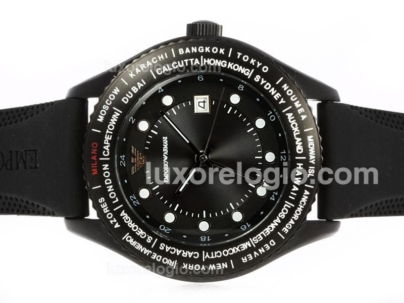 Emporio Armani Classic Working GMT PVD Case with White Markers-Rubber Strap