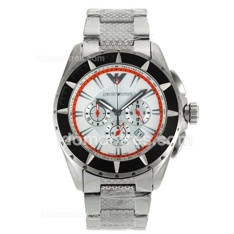 Emporio Armani Sport Working Chronograph Black Bezel Stick Markers with Silver Dial-S/S
