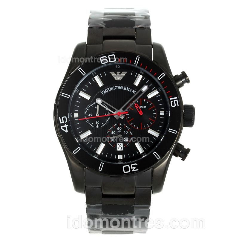 Emporio Armani Sport Working Chronograph PVD Case Stick Markers with Black Dial-PVD Strap