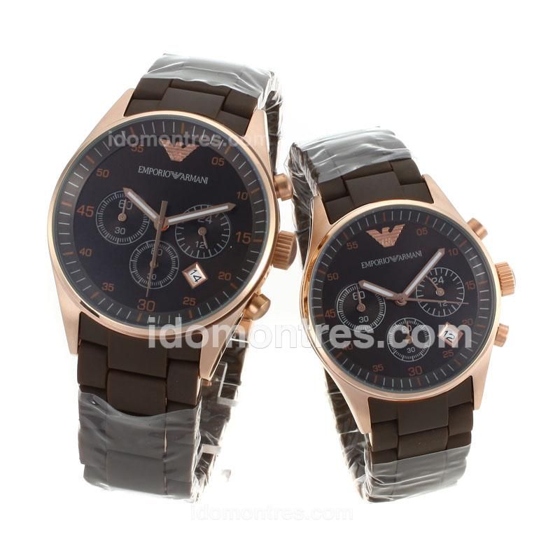 Emporio Armani Sport Working Chronograph Rose Gold Case with Brown Dial-Couple Watch