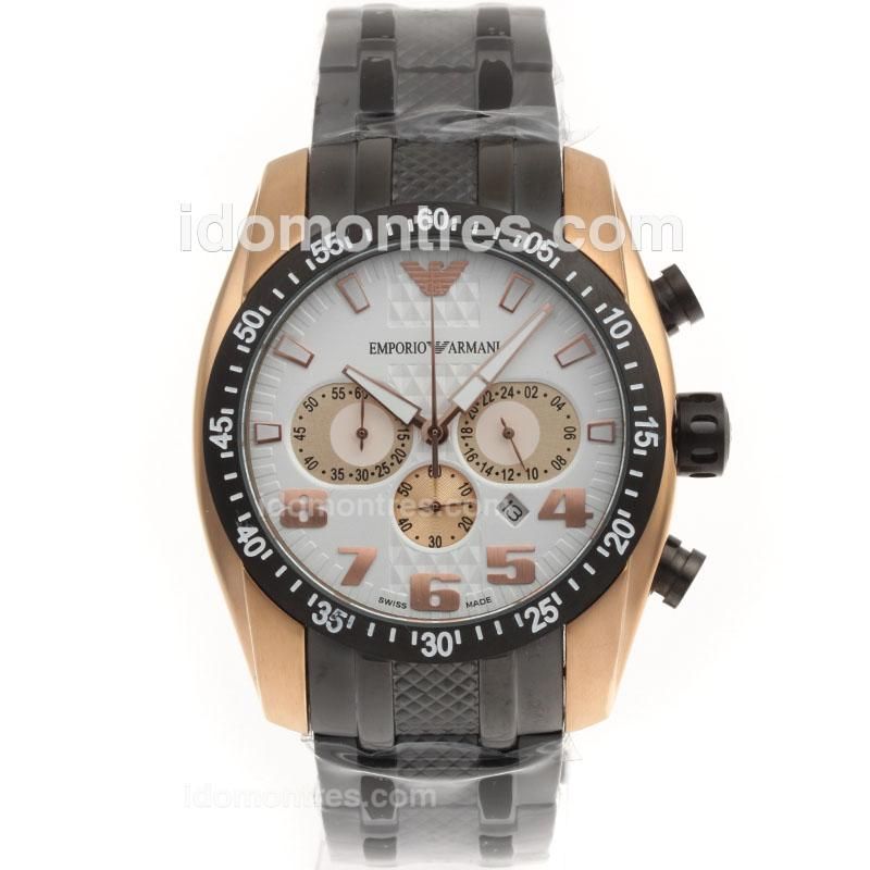 Emporio Armani Sport Working Chronograph Rose Gold Case with White Dial-PVD Strap