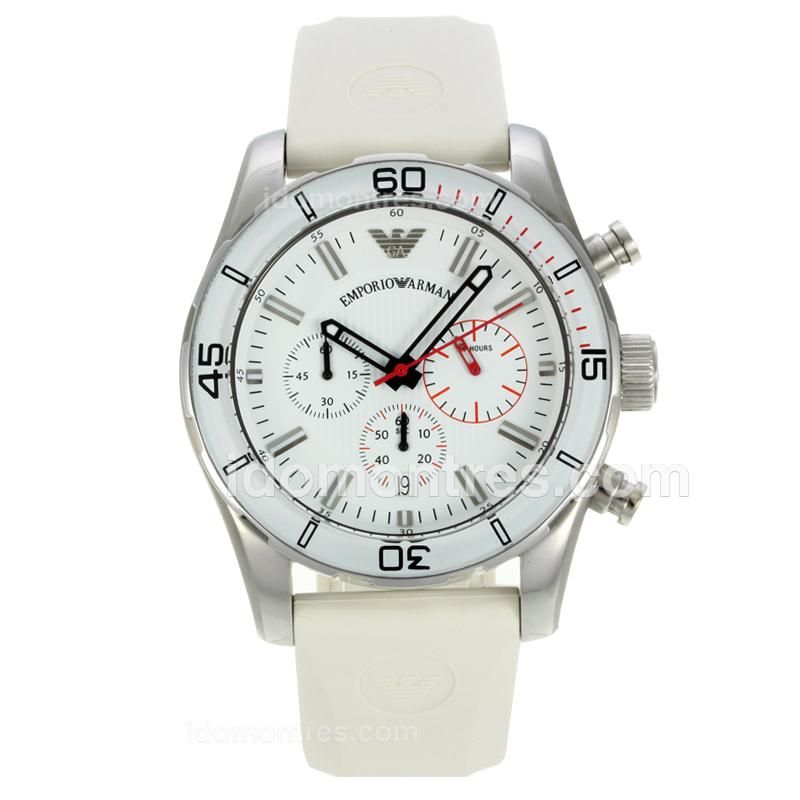 Emporio Armani Sport Working Chronograph Stick Markers with White Dial-Rubber Strap