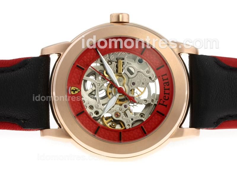 Ferrari Automatic Rose Gold Case with Skeleton Dial-Leather Strap