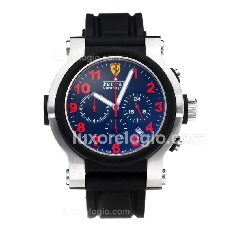 Ferrari Chronograph Working Chronograph PVD Bezel with Black Dial-Rubber Strap-Red Marker