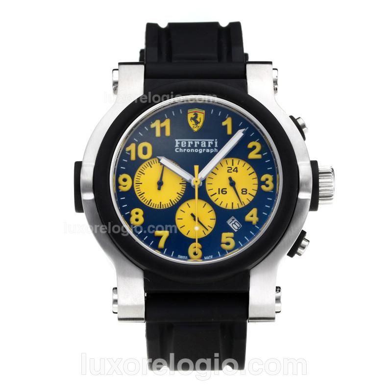 Ferrari Chronograph Working Chronograph PVD Bezel with Black Dial-Rubber Strap-Yellow Marker