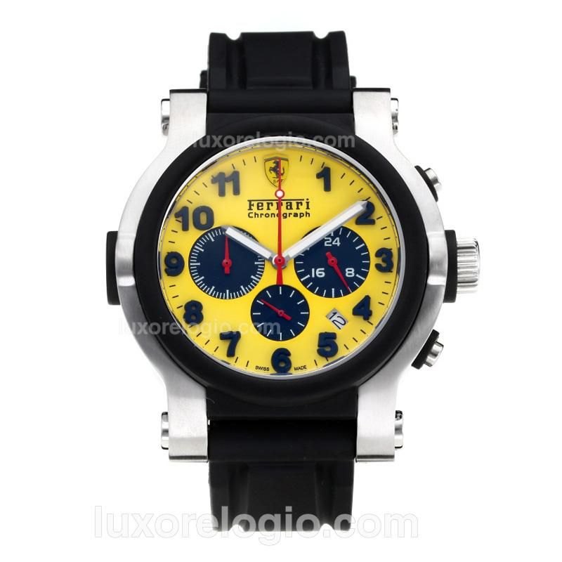 Ferrari Chronograph Working Chronograph PVD Bezel with Yellow Dial-Rubber Strap