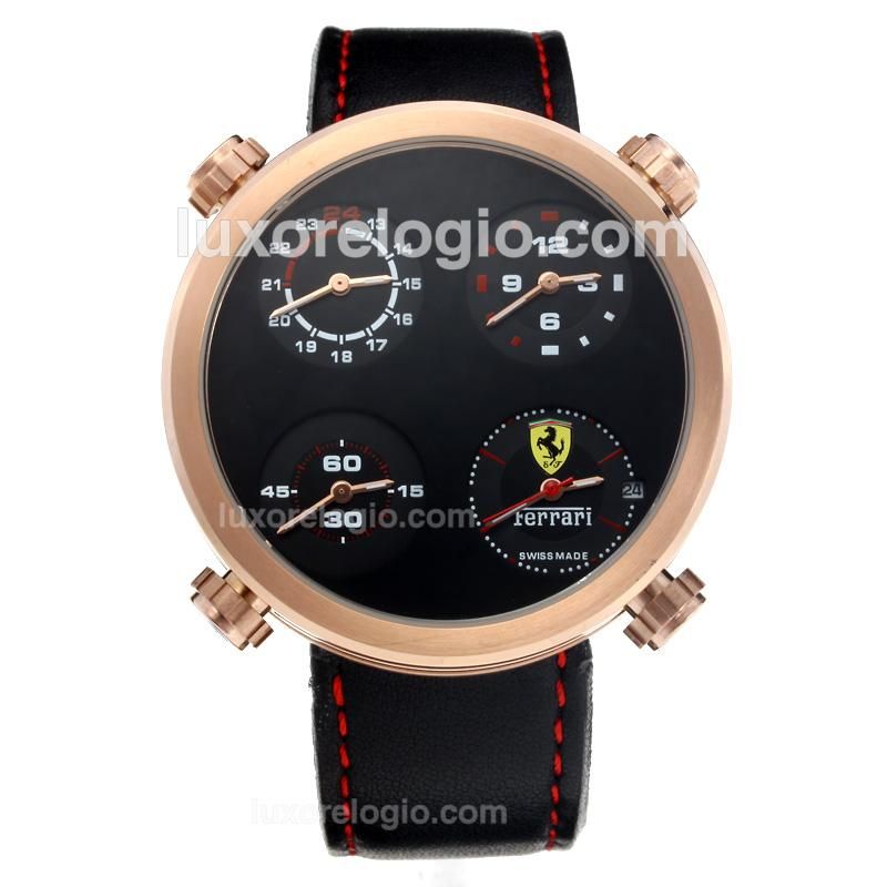 Ferrari Four Time Zone Rose Gold Case with Black Dial-Leather Strap