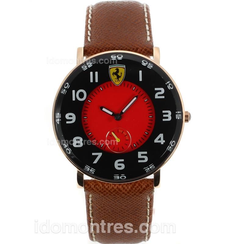 Ferrari Rose Gold Case Number Markers with Red Dial-Leather Strap