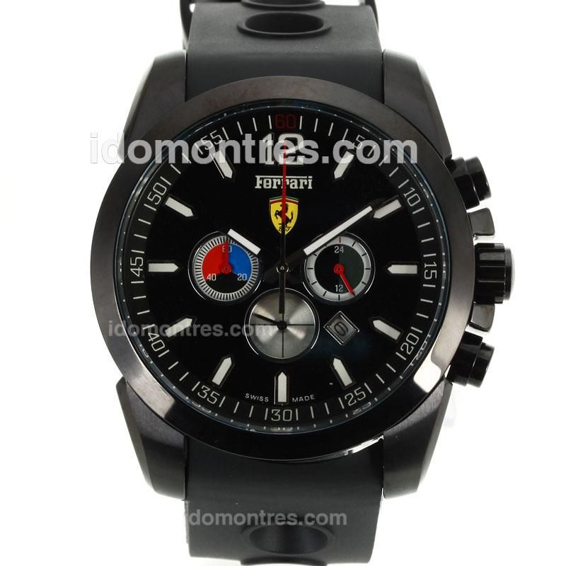 Ferrari See-through Back Case Working Chronograph PVD Case with Black Dial-Rubber Strap