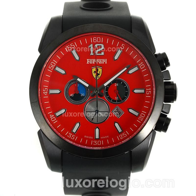 Ferrari See-through Back Case Working Chronograph PVD Case with Red Dial-Rubber Strap