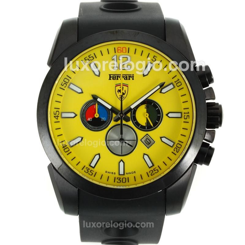 Ferrari See-through Back Case Working Chronograph PVD Case with Yellow Dial-Rubber Strap