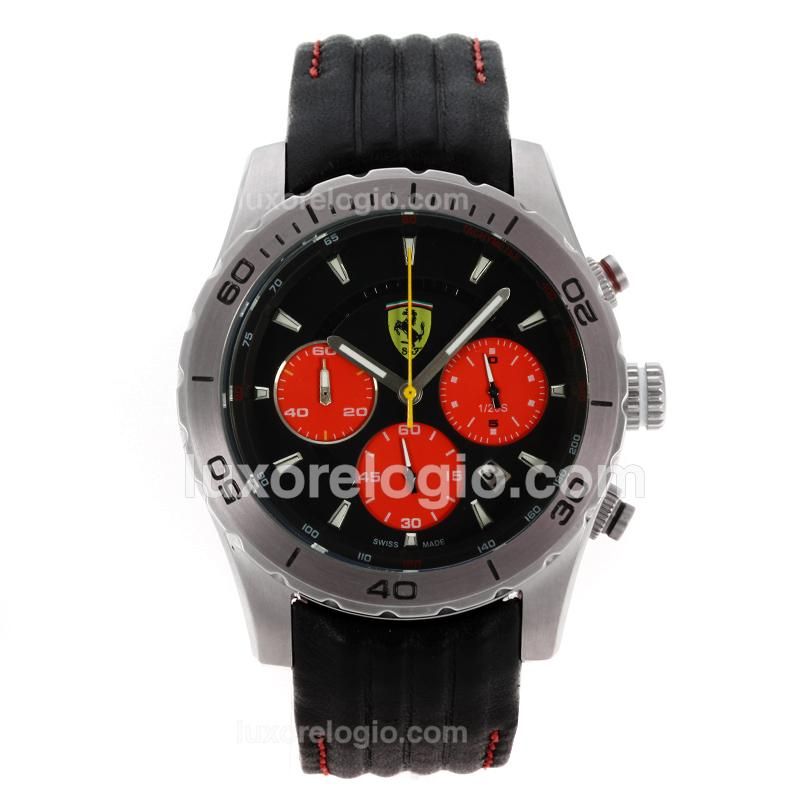 Ferrari Working Chronograph Black Dial with Red Subdials-Leather Strap