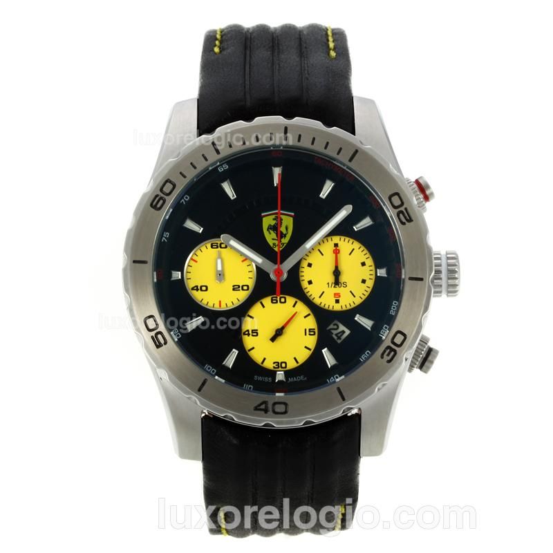 Ferrari Working Chronograph Black Dial with Yellow Subdials-Leather Strap