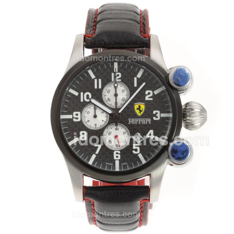 Ferrari Working Chronograph Number Markers with Black Carbon Fibre Style Dial-Leather Strap