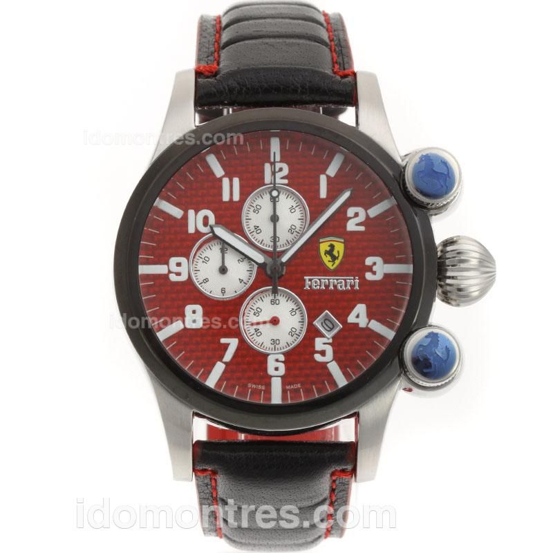 Ferrari Working Chronograph Number Markers with Red Carbon Fibre Style Dial-Leather Strap
