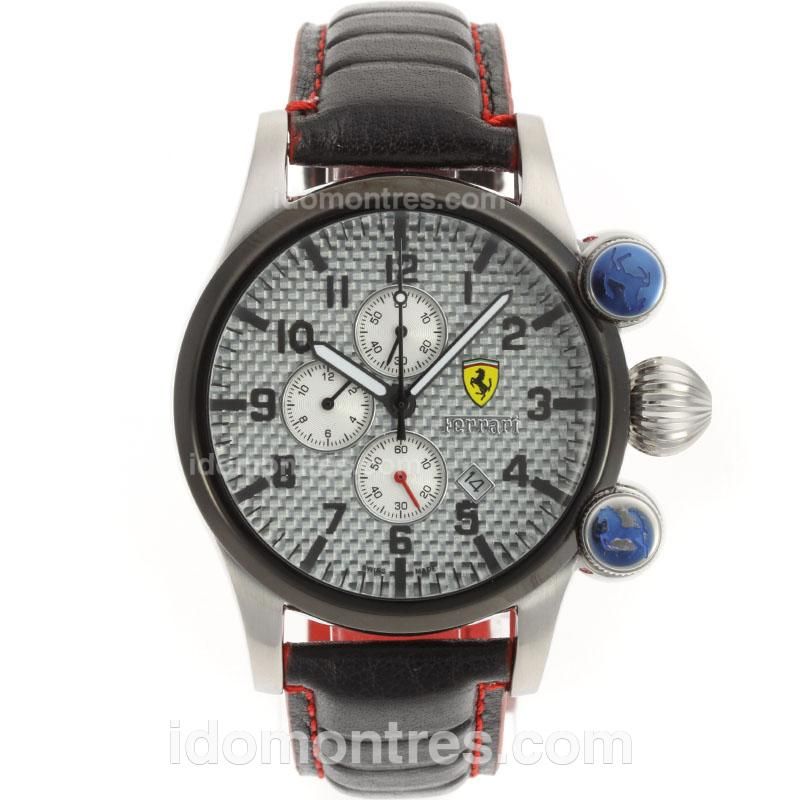 Ferrari Working Chronograph Number Markers with Gray Carbon Fibre Style Dial-Leather Strap
