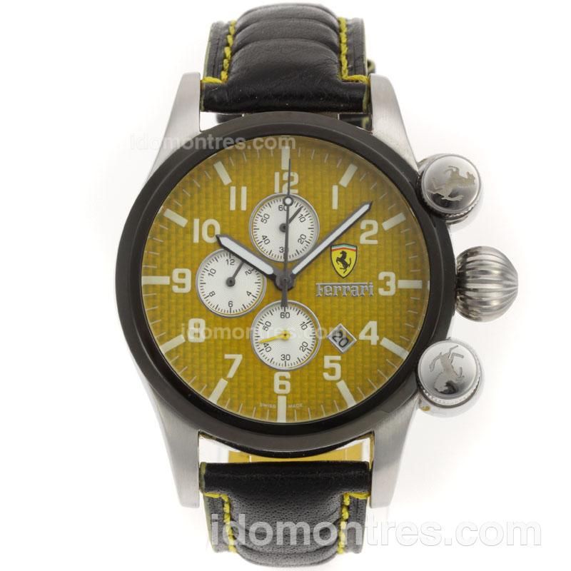Ferrari Working Chronograph Number Markers with Yellow Carbon Fibre Style Dial-Leather Strap
